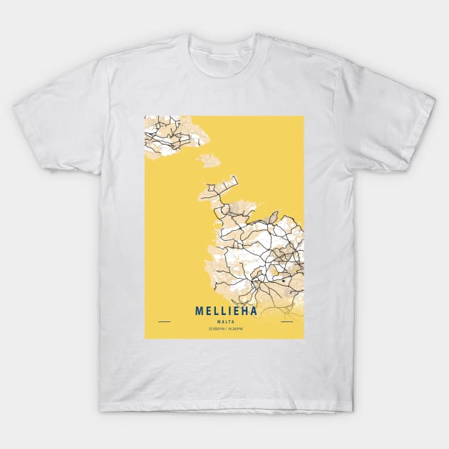 Mellieha - Malta Yellow City Map T-Shirt by tienstencil